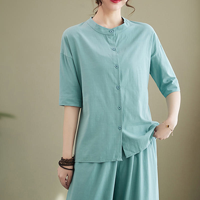 Conjunto de 2 piezas de camisa informal de manga corta con botones, pantalones anchos y bolsillos de algodón Zen con diseño de Buddha Stones y piedras de color liso para mujer - image 12