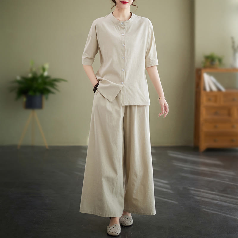 Conjunto de 2 piezas de camisa informal de manga corta con botones, pantalones anchos y bolsillos de algodón Zen con diseño de Buddha Stones y piedras de color liso para mujer - Beige - US8-10，UK/AU12-14，EU40-42 (2XL) - image 16