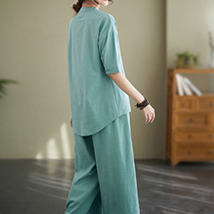 Conjunto de 2 piezas de camisa informal de manga corta con botones, pantalones anchos y bolsillos de algodón Zen con diseño de Buddha Stones y piedras de color liso para mujer - image 11