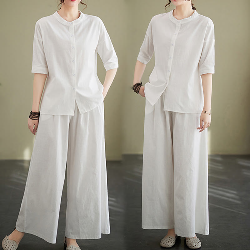 Conjunto de 2 piezas de camisa informal de manga corta con botones, pantalones anchos y bolsillos de algodón Zen con diseño de Buddha Stones y piedras de color liso para mujer - image 7