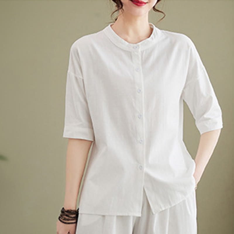 Conjunto de 2 piezas de camisa informal de manga corta con botones, pantalones anchos y bolsillos de algodón Zen con diseño de Buddha Stones y piedras de color liso para mujer - image 6