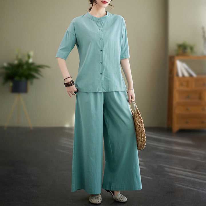 Conjunto de 2 piezas de camisa informal de manga corta con botones, pantalones anchos y bolsillos de algodón Zen con diseño de Buddha Stones y piedras de color liso para mujer - Turquesa medio - US8-10，UK/AU12-14，EU40-42 (2XL) - image 8