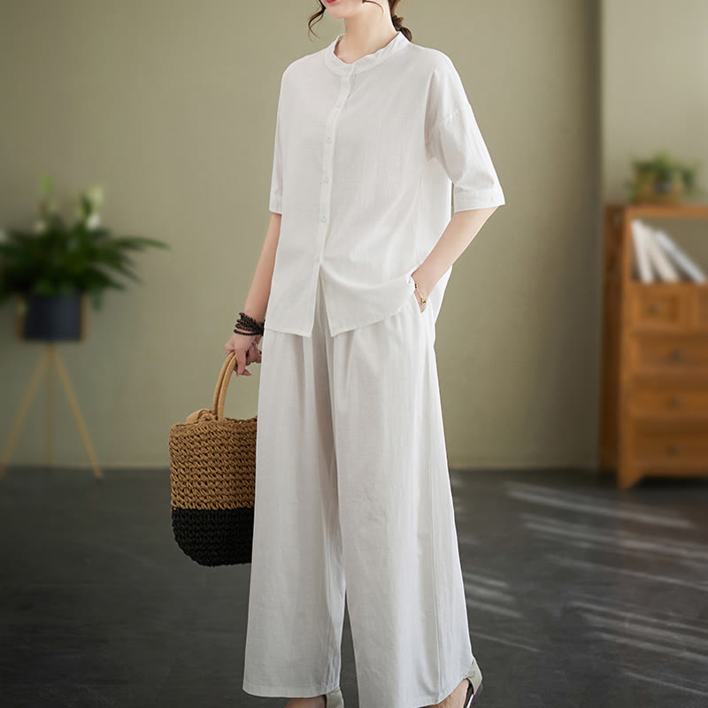Conjunto de 2 piezas de camisa informal de manga corta con botones, pantalones anchos y bolsillos de algodón Zen con diseño de Buddha Stones y piedras de color liso para mujer - image 2