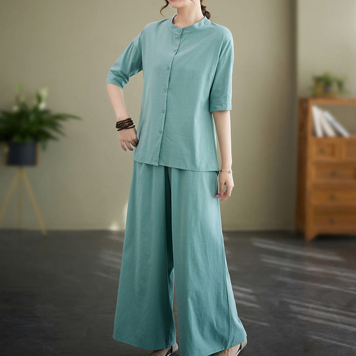 Conjunto de 2 piezas de camisa informal de manga corta con botones, pantalones anchos y bolsillos de algodón Zen con diseño de Buddha Stones y piedras de color liso para mujer - image 10