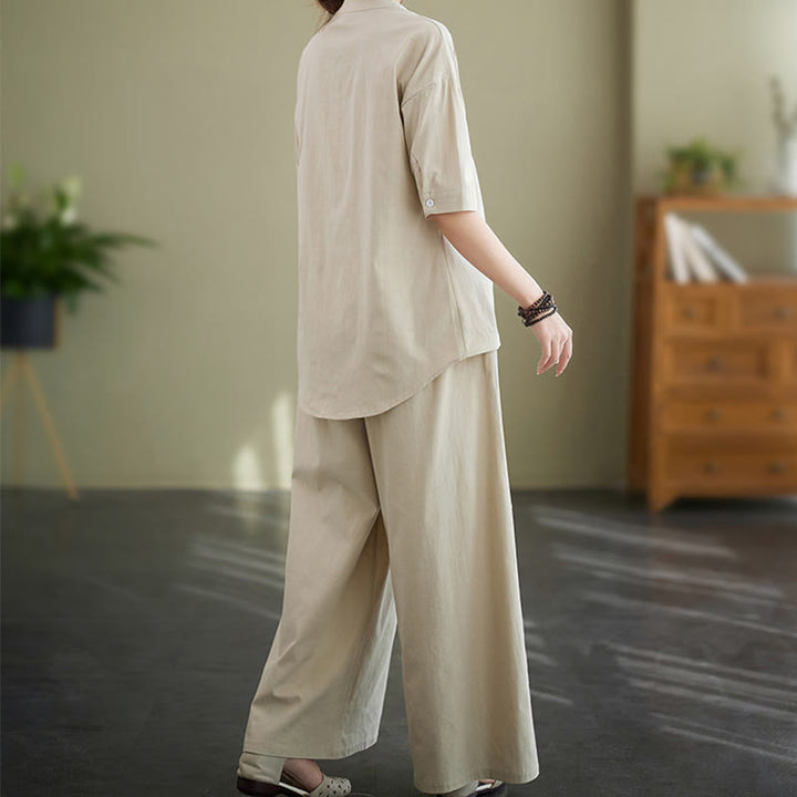 Conjunto de 2 piezas de camisa informal de manga corta con botones, pantalones anchos y bolsillos de algodón Zen con diseño de Buddha Stones y piedras de color liso para mujer - image 18