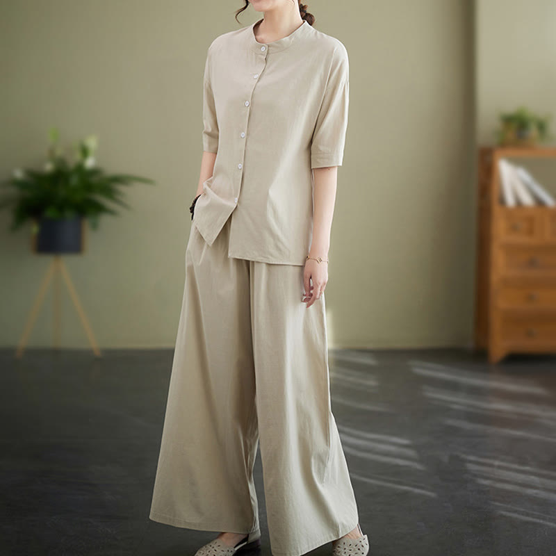 Conjunto de 2 piezas de camisa informal de manga corta con botones, pantalones anchos y bolsillos de algodón Zen con diseño de Buddha Stones y piedras de color liso para mujer - image 17
