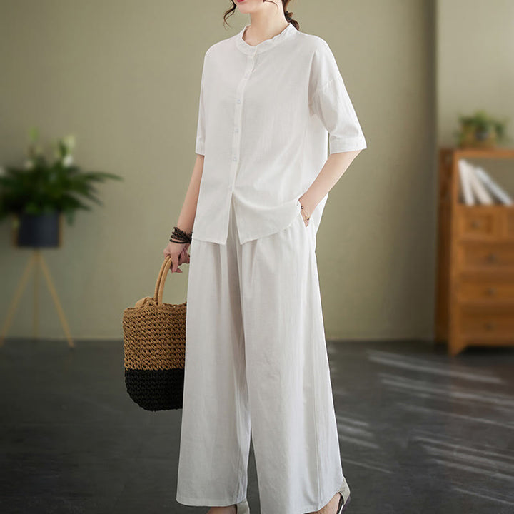 Conjunto de 2 piezas de camisa informal de manga corta con botones, pantalones anchos y bolsillos de algodón Zen con diseño de Buddha Stones y piedras de color liso para mujer - image 1