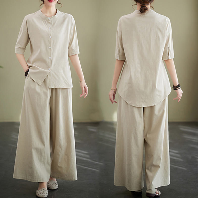 Conjunto de 2 piezas de camisa informal de manga corta con botones, pantalones anchos y bolsillos de algodón Zen con diseño de Buddha Stones y piedras de color liso para mujer - image 29