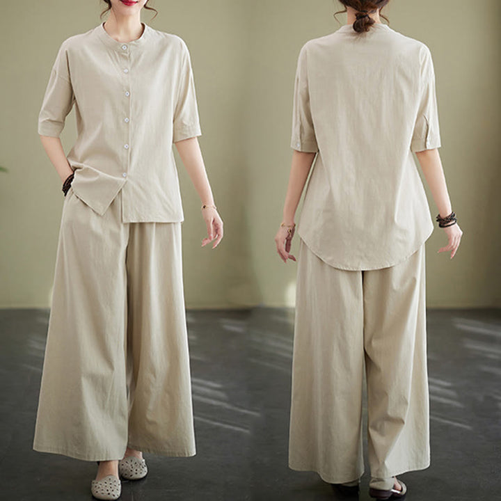 Conjunto de 2 piezas de camisa informal de manga corta con botones, pantalones anchos y bolsillos de algodón Zen con diseño de Buddha Stones y piedras de color liso para mujer - image 29