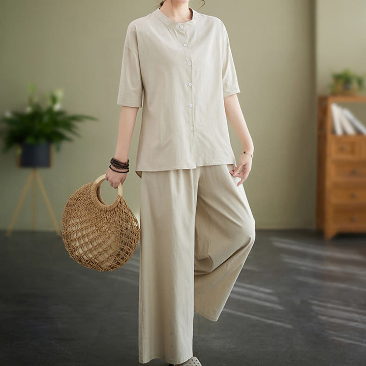 Conjunto de 2 piezas de camisa informal de manga corta con botones, pantalones anchos y bolsillos de algodón Zen con diseño de Buddha Stones y piedras de color liso para mujer - image 19