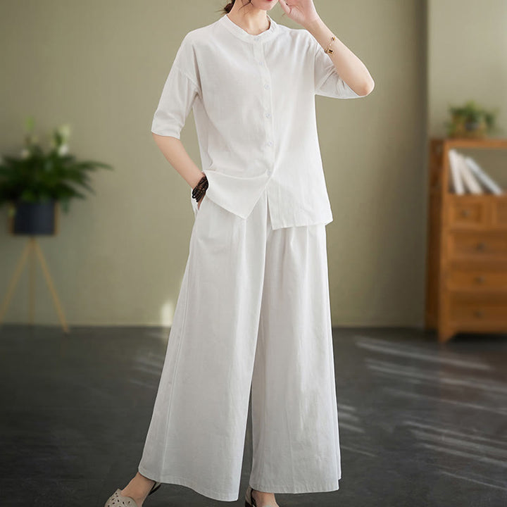 Conjunto de 2 piezas de camisa informal de manga corta con botones, pantalones anchos y bolsillos de algodón Zen con diseño de Buddha Stones y piedras de color liso para mujer - image 2