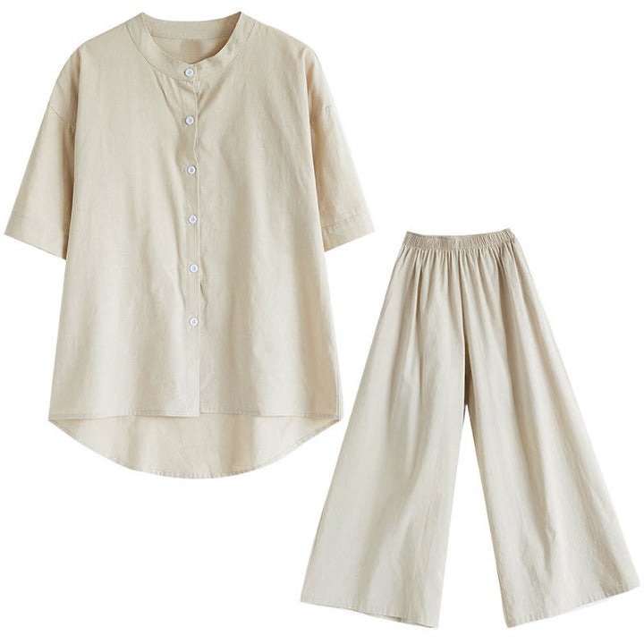 Conjunto de 2 piezas de camisa informal de manga corta con botones, pantalones anchos y bolsillos de algodón Zen con diseño de Buddha Stones y piedras de color liso para mujer - image 30