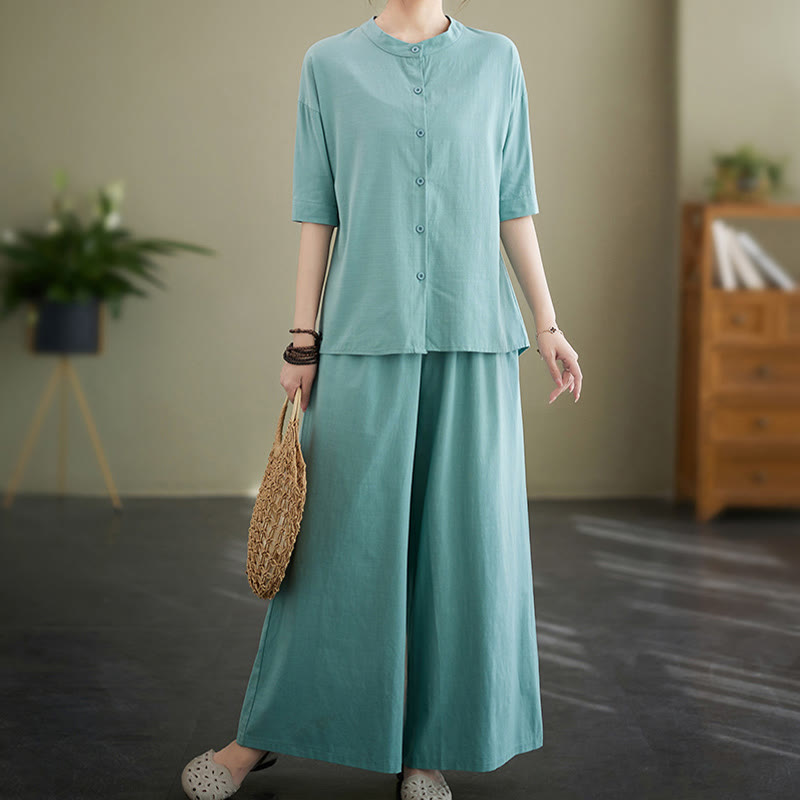Conjunto de 2 piezas de camisa informal de manga corta con botones, pantalones anchos y bolsillos de algodón Zen con diseño de Buddha Stones y piedras de color liso para mujer - image 9