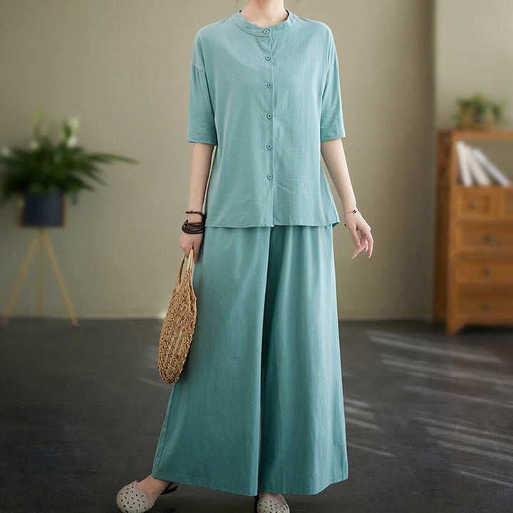 Conjunto de 2 piezas de camisa informal de manga corta con botones, pantalones anchos y bolsillos de algodón Zen con diseño de Buddha Stones y piedras de color liso para mujer - image 9