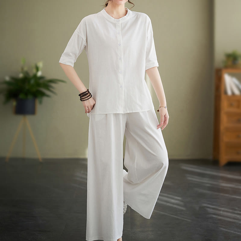 Conjunto de 2 piezas de camisa informal de manga corta con botones, pantalones anchos y bolsillos de algodón Zen con diseño de Buddha Stones y piedras de color liso para mujer - image 3