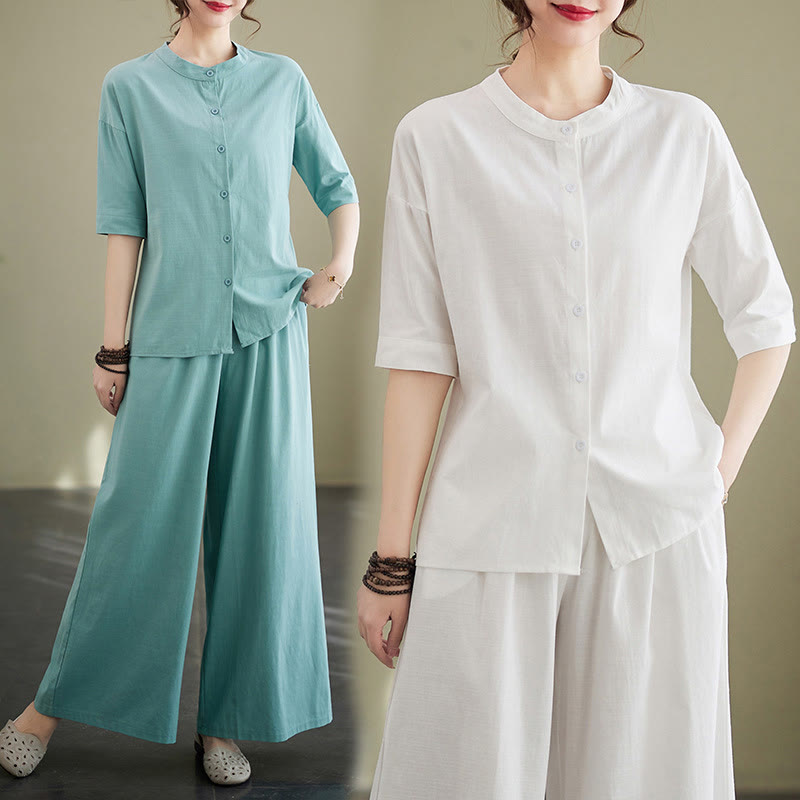 Conjunto de 2 piezas de camisa informal de manga corta con botones, pantalones anchos y bolsillos de algodón Zen con diseño de Buddha Stones y piedras de color liso para mujer - image 15