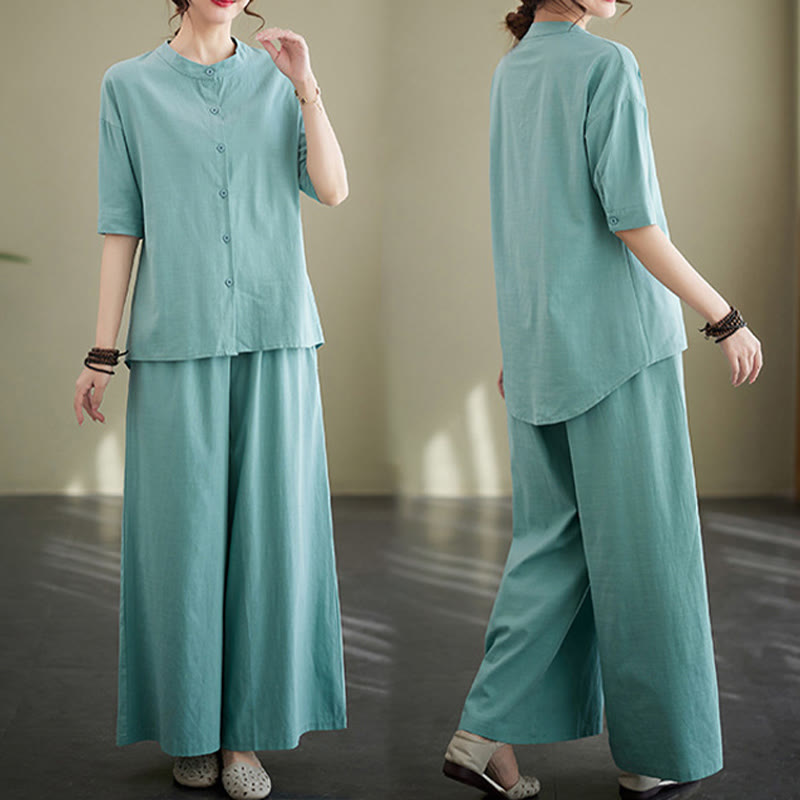 Conjunto de 2 piezas de camisa informal de manga corta con botones, pantalones anchos y bolsillos de algodón Zen con diseño de Buddha Stones y piedras de color liso para mujer - image 13
