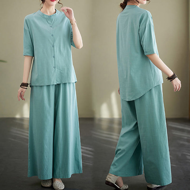 Conjunto de 2 piezas de camisa informal de manga corta con botones, pantalones anchos y bolsillos de algodón Zen con diseño de Buddha Stones y piedras de color liso para mujer - image 13