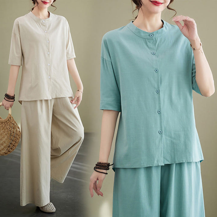 Conjunto de 2 piezas de camisa informal de manga corta con botones, pantalones anchos y bolsillos de algodón Zen con diseño de Buddha Stones y piedras de color liso para mujer - image 14