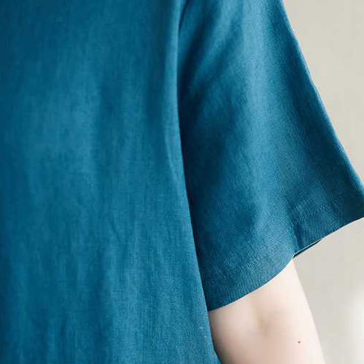 Vestido midi de lino de manga corta con cuello alto y botones, con bolsillos y diseño de Buddha Stones - image 21