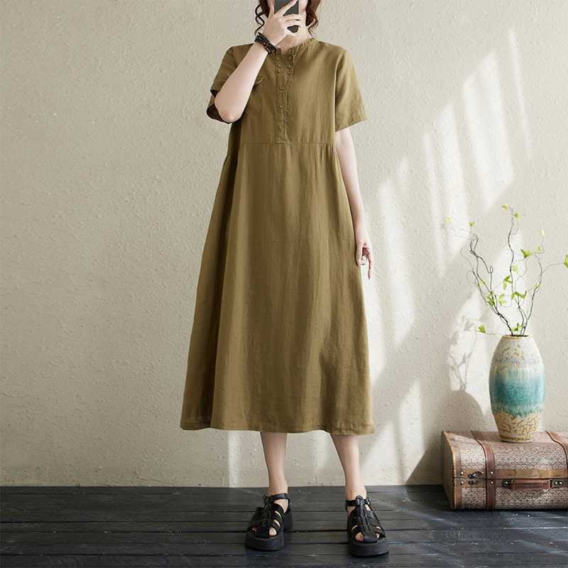 Vestido midi de lino de manga corta con cuello alto y botones, con bolsillos y diseño de Buddha Stones - Verde oliva - US8-10，UK/AU12-14，EU40-42 (2XL) - image 7
