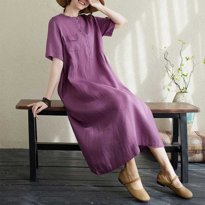 Vestido midi de lino de manga corta con cuello alto y botones, con bolsillos y diseño de Buddha Stones - image 3