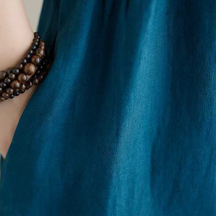Vestido midi de lino de manga corta con cuello alto y botones, con bolsillos y diseño de Buddha Stones - image 24