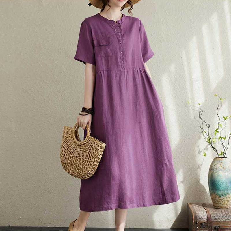 Vestido midi de lino de manga corta con cuello alto y botones, con bolsillos y diseño de Buddha Stones - Orquídea oscura - US8-10，UK/AU12-14，EU40-42 (2XL) - image 1