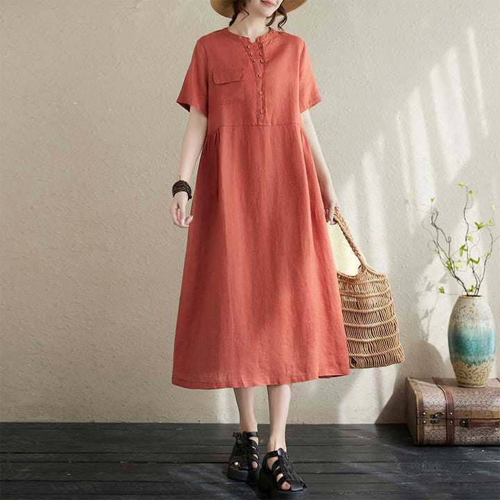 Vestido midi de lino de manga corta con cuello alto y botones, con bolsillos y diseño de Buddha Stones - Tomate - US8-10，UK/AU12-14，EU40-42 (2XL) - image 11