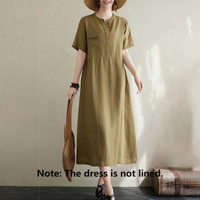 Vestido midi de lino de manga corta con cuello alto y botones, con bolsillos y diseño de Buddha Stones - image 8