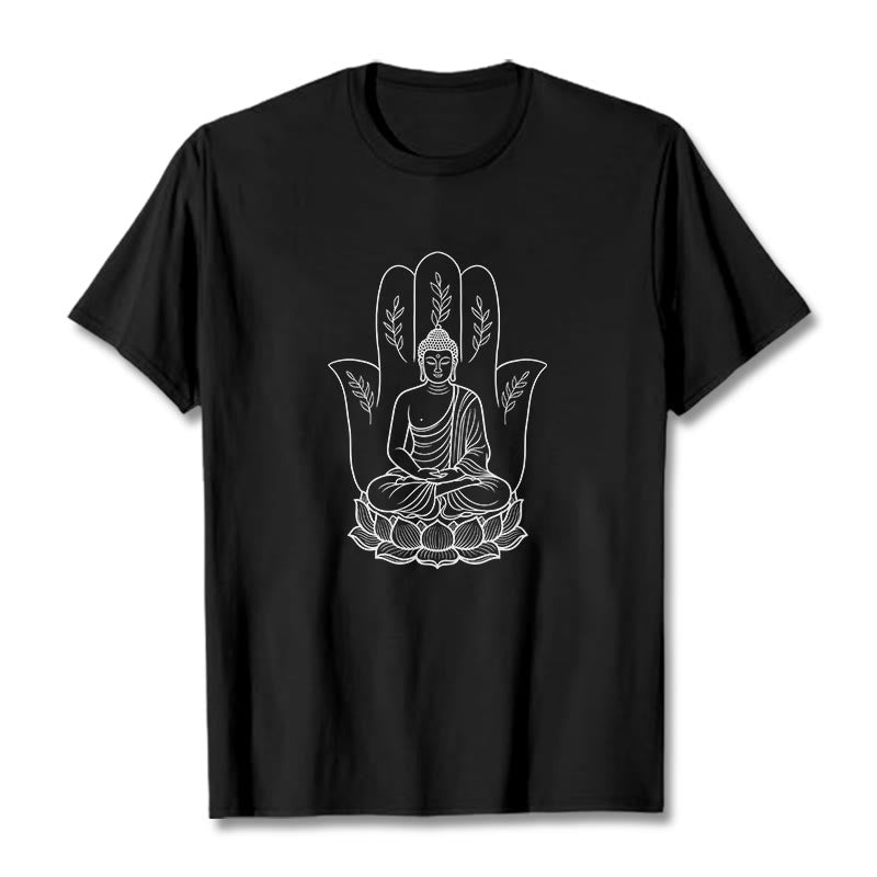 Camiseta con Buddha Stones meditando, Buda sentado, manos y hojas con base de loto - Negro - 2XL - image 4