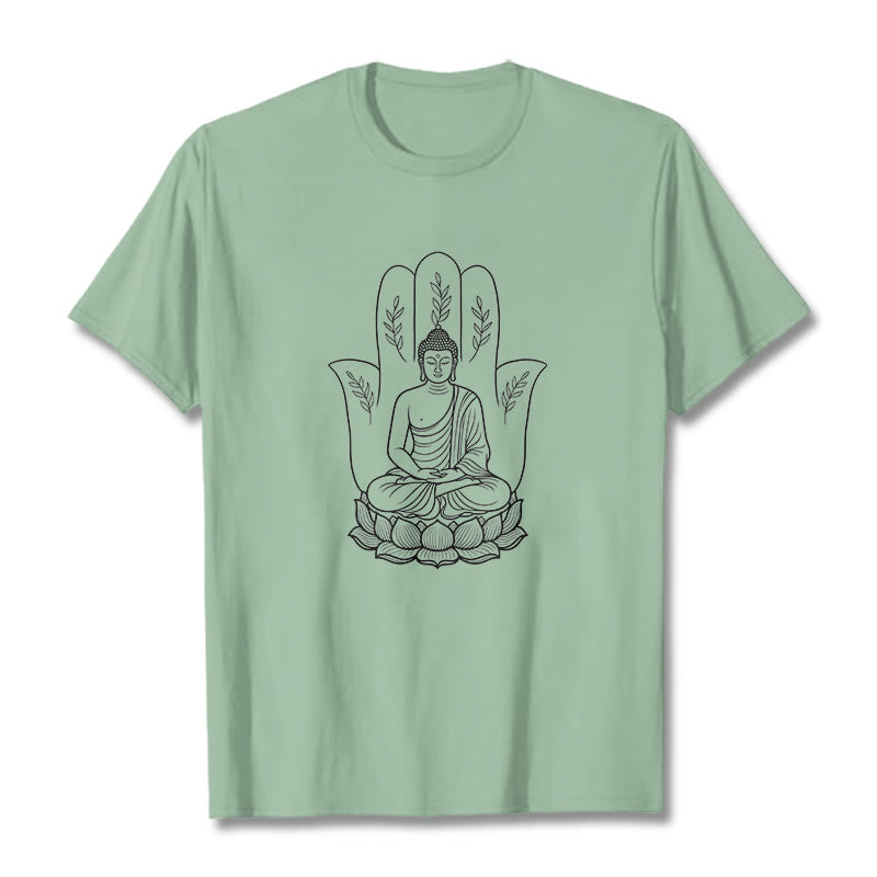 Camiseta con Buddha Stones meditando, Buda sentado, manos y hojas con base de loto - Verde pálido - 2XL - image 15