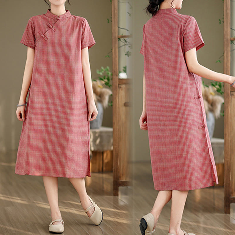 Vestido cheongsam midi de algodón y lino con diseño de botones de rana y manga corta a cuadros con Buddha Stones - image 9