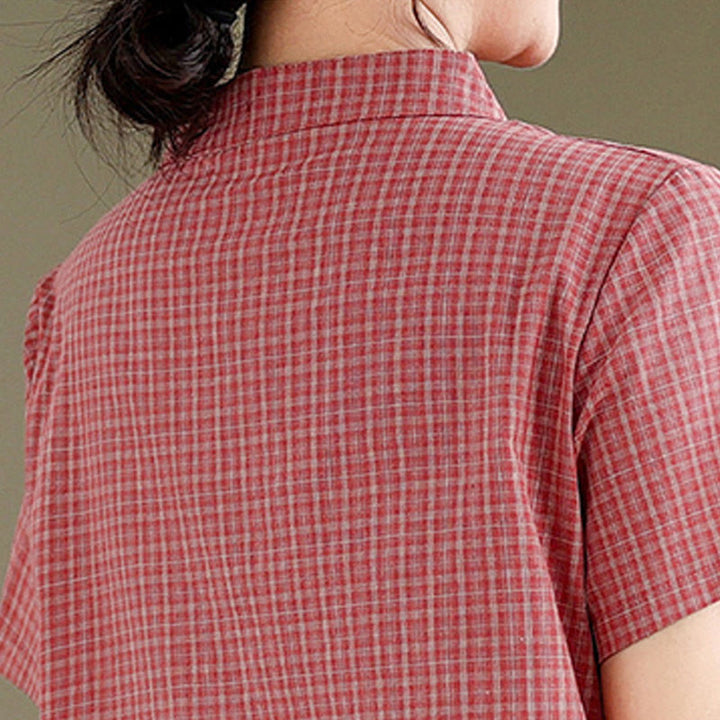 Vestido cheongsam midi de algodón y lino con diseño de botones de rana y manga corta a cuadros con Buddha Stones - image 5