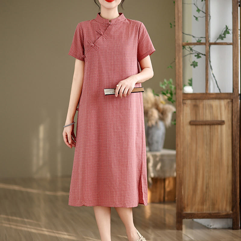 Vestido cheongsam midi de algodón y lino con diseño de botones de rana y manga corta a cuadros con Buddha Stones - Salmón - US8-10，UK/AU12-14，EU40-42 (2XL) - image 1