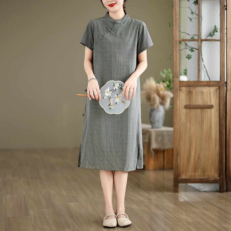 Vestido cheongsam midi de algodón y lino con diseño de botones de rana y manga corta a cuadros con Buddha Stones - Gris - US8-10，UK/AU12-14，EU40-42 (2XL) - image 10
