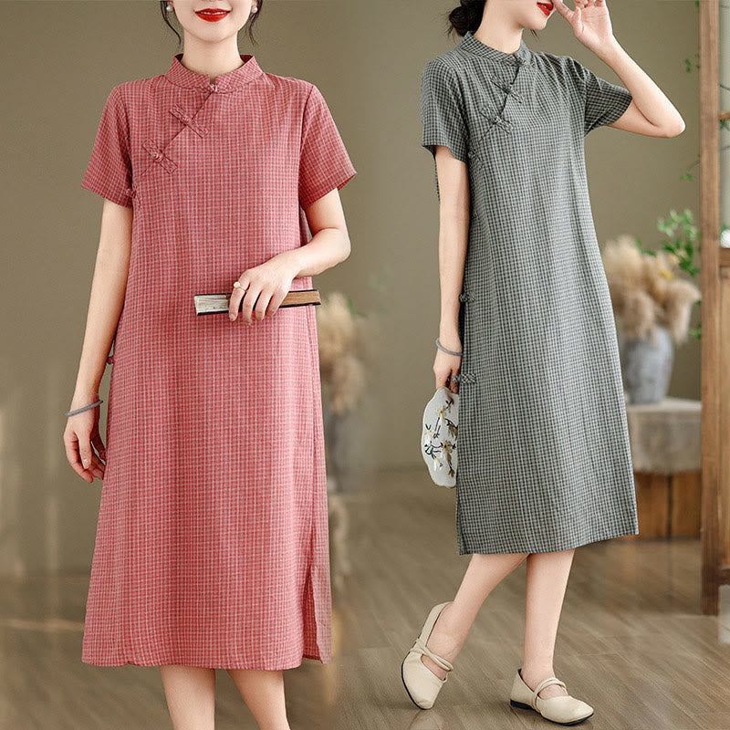 Vestido cheongsam midi de algodón y lino con diseño de botones de rana y manga corta a cuadros con Buddha Stones - image 16