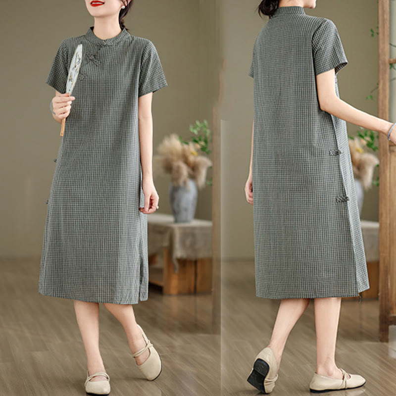 Vestido cheongsam midi de algodón y lino con diseño de botones de rana y manga corta a cuadros con Buddha Stones - image 14