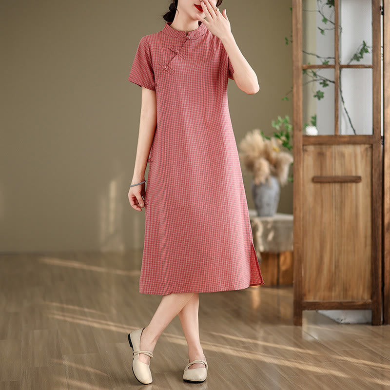 Vestido cheongsam midi de algodón y lino con diseño de botones de rana y manga corta a cuadros con Buddha Stones - image 3