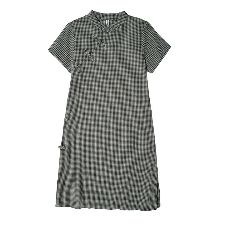 Vestido cheongsam midi de algodón y lino con diseño de botones de rana y manga corta a cuadros con Buddha Stones - image 15