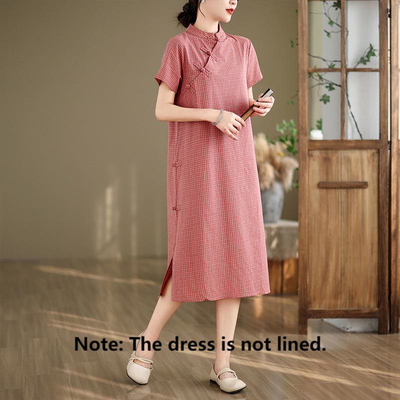 Vestido cheongsam midi de algodón y lino con diseño de botones de rana y manga corta a cuadros con Buddha Stones - image 2