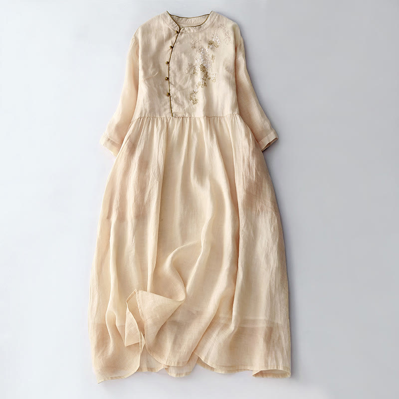 Vestido midi de lino y algodón de manga larga con diseño de botones bordados con Buddha Stones y bolsillos - LimónChiffon - US8-10，UK/AU12-14，EU40-42 (2XL) - image 1