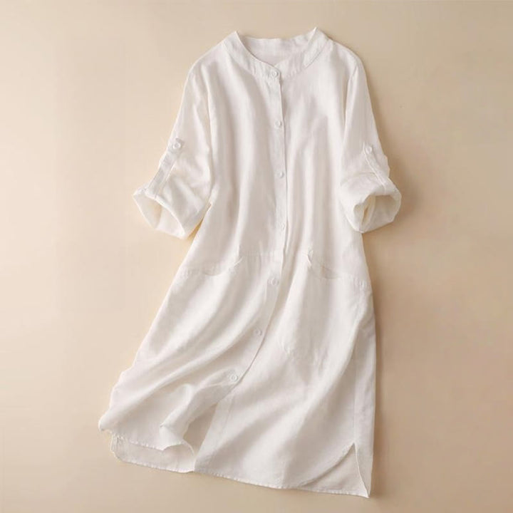 Vestido midi de lino y algodón con cuello alto, manga larga y bolsillos, diseño de botones con Buddha Stones - FloralBlanco - US12, UK/AU16, EU44 (2XL) - image 9