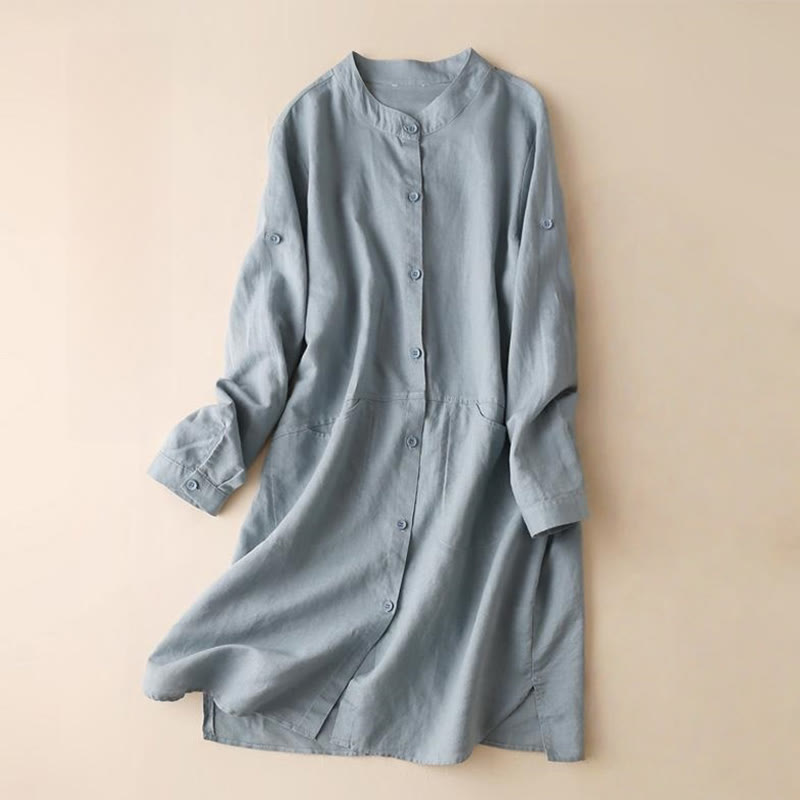 Vestido midi de lino y algodón con cuello alto, manga larga y bolsillos, diseño de botones con Buddha Stones - Azul acero claro - US12, UK/AU16, EU44 (2XL) - image 0
