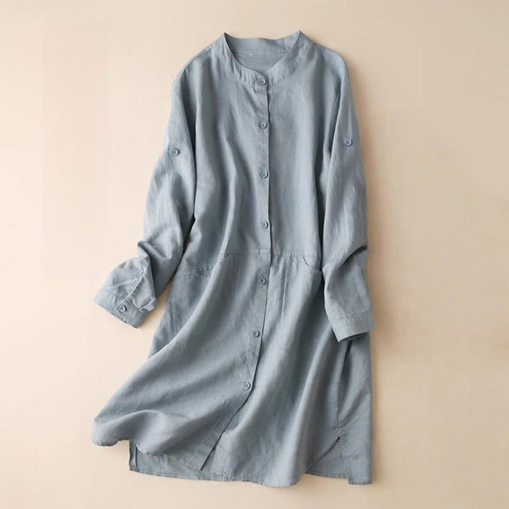 Vestido midi de lino y algodón con cuello alto, manga larga y bolsillos, diseño de botones con Buddha Stones - Azul acero claro - US12, UK/AU16, EU44 (2XL) - image 0