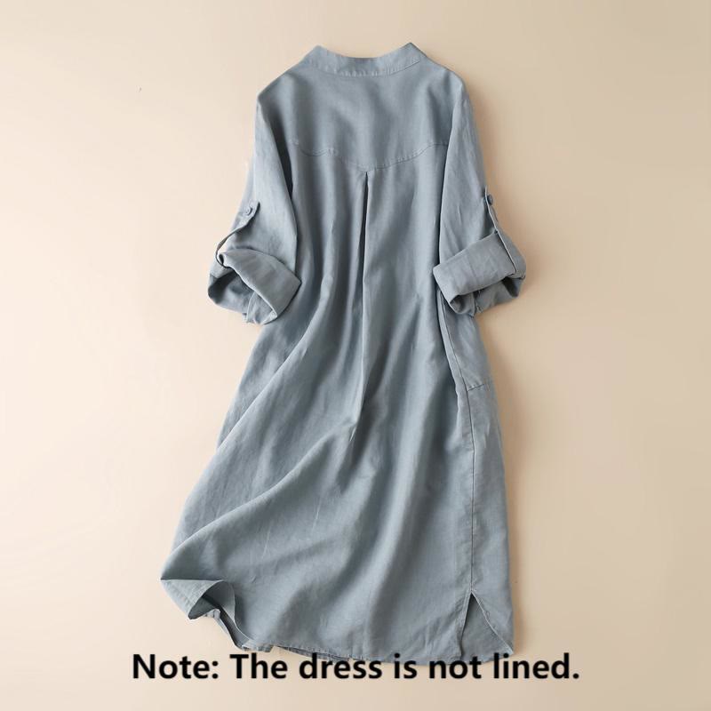 Vestido midi de lino y algodón con cuello alto, manga larga y bolsillos, diseño de botones con Buddha Stones - image 1