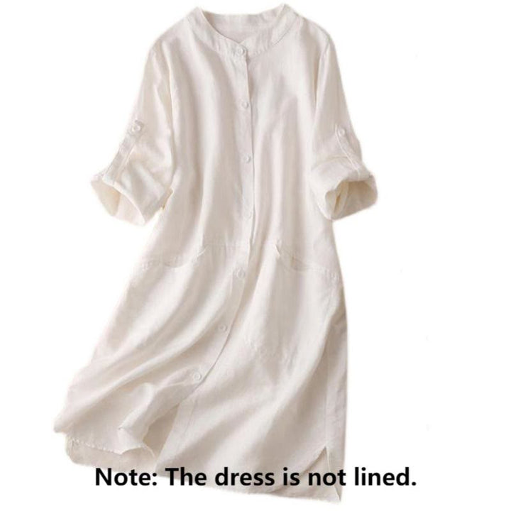 Vestido midi de lino y algodón con cuello alto, manga larga y bolsillos, diseño de botones con Buddha Stones - image 10