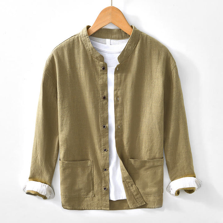 Camisa de lino y algodón de manga larga con botones y bolsillos para hombre, de color liso, con Buddha Stones - AmarilloVerde - US/UK/AU42, EU52 (3XL) - image 23