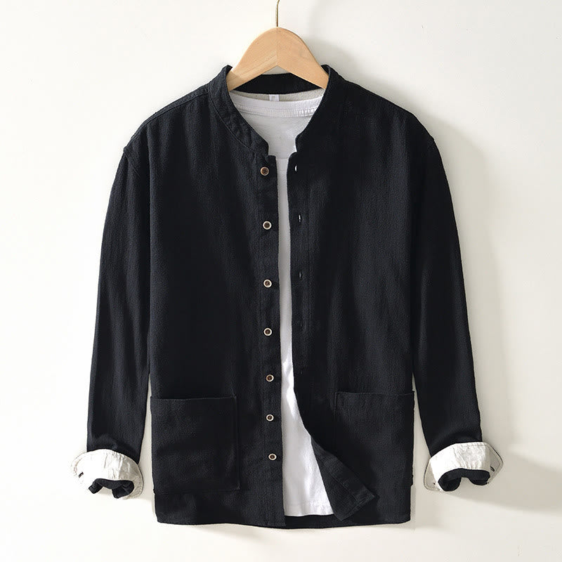 Camisa de lino y algodón de manga larga con botones y bolsillos para hombre, de color liso, con Buddha Stones - Negro - US/UK/AU42, EU52 (3XL) - image 7