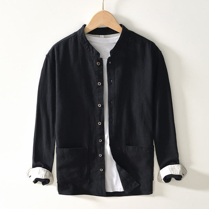 Camisa de lino y algodón de manga larga con botones y bolsillos para hombre, de color liso, con Buddha Stones - Negro - US/UK/AU42, EU52 (3XL) - image 7